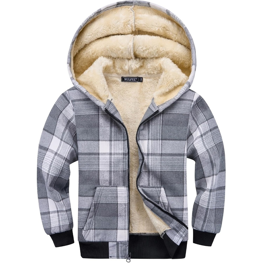 image:imageWULFUL Boys Flannel Fleece Jackets Plaid Sherpa Hoodie Zip Up Winter Coat 514 YearsGrey 631