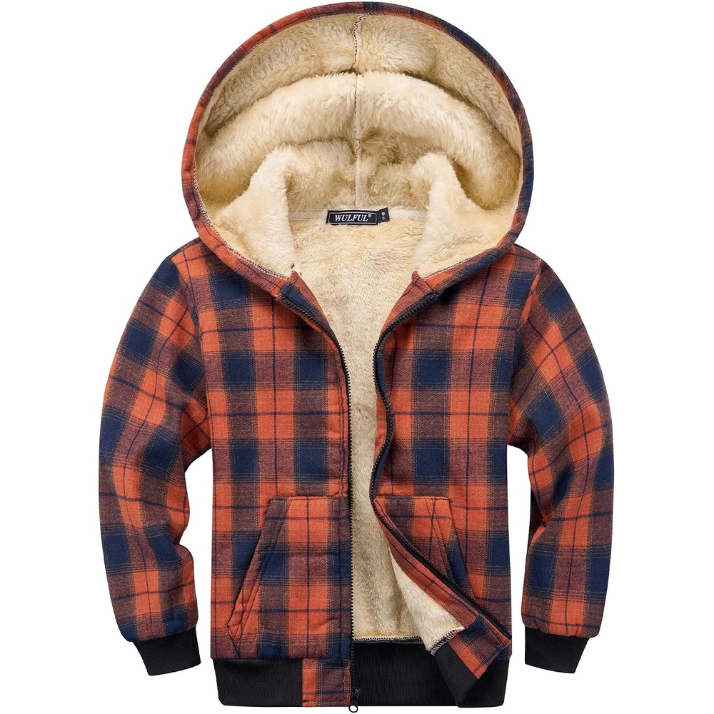 image:imageWULFUL Boys Flannel Fleece Jackets Plaid Sherpa Hoodie Zip Up Winter Coat 514 YearsOrange 566