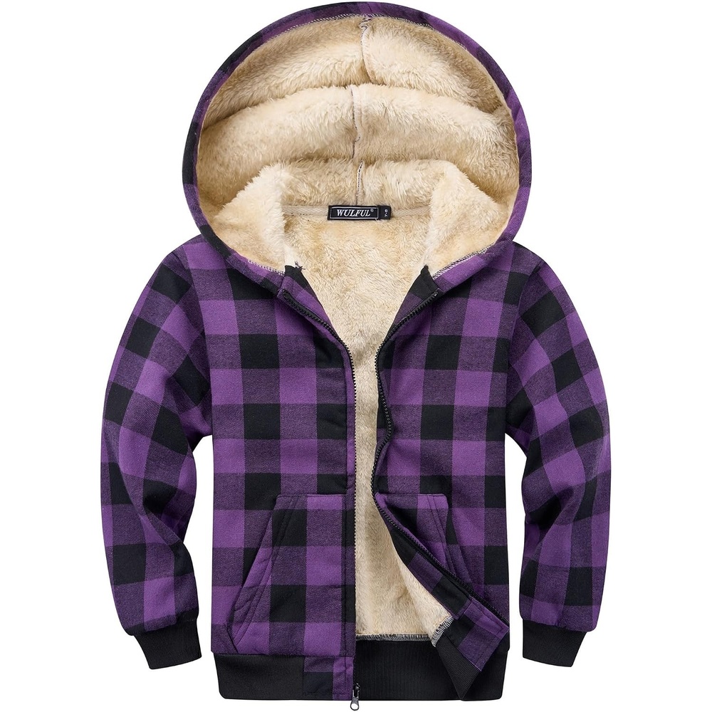 image:imageWULFUL Boys Flannel Fleece Jackets Plaid Sherpa Hoodie Zip Up Winter Coat 514 YearsPurple M15