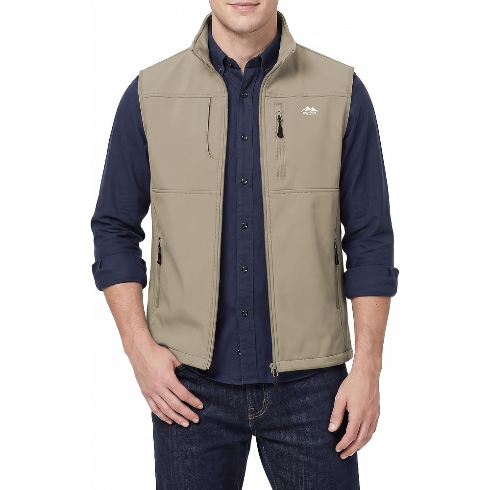 image:imageWULFUL Mens Lightweight Golf Vest Windproof Outerwear Sleeveless JacketKhaki