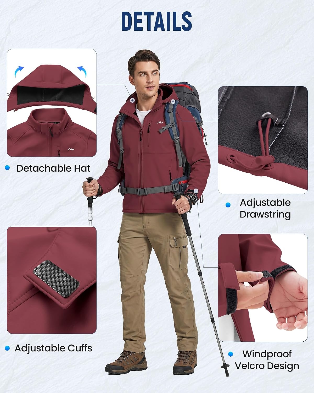 image:imageWULFUL Mens Softshell Jacket Waterproof Lightweight Insulated Windbreaker Fleece Lined Rain Shell Jacket for Hiking TravelRed Wine