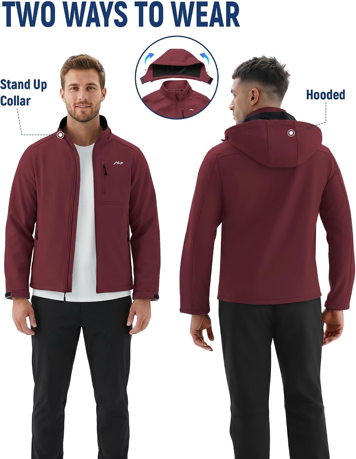 image:imageWULFUL Mens Softshell Jacket Waterproof Lightweight Insulated Windbreaker Fleece Lined Rain Shell Jacket for Hiking TravelRed Wine