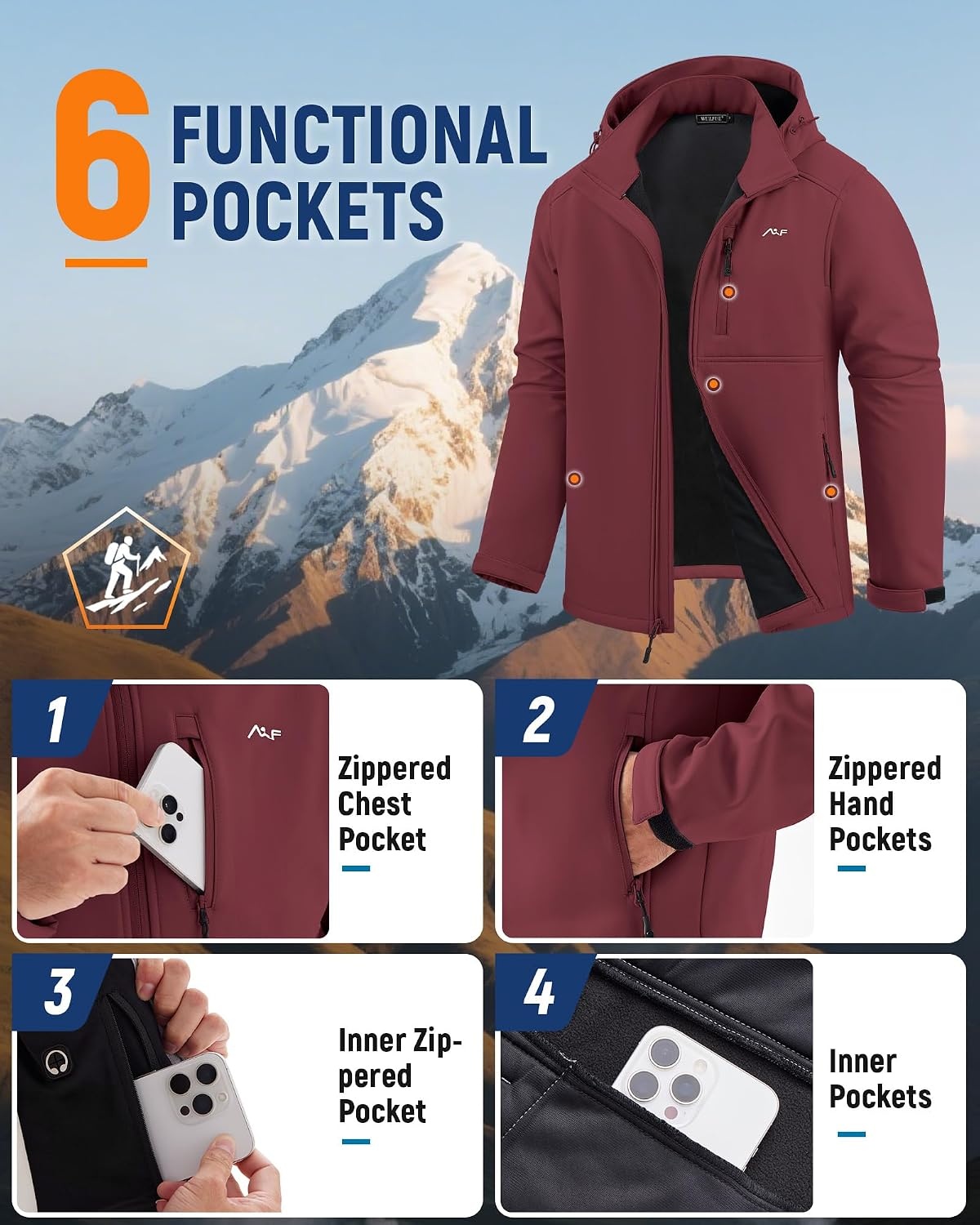 image:imageWULFUL Mens Softshell Jacket Waterproof Lightweight Insulated Windbreaker Fleece Lined Rain Shell Jacket for Hiking TravelRed Wine
