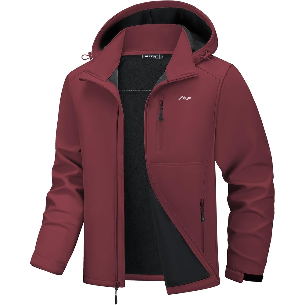 image:imageWULFUL Mens Softshell Jacket Waterproof Lightweight Insulated Windbreaker Fleece Lined Rain Shell Jacket for Hiking TravelRed Wine