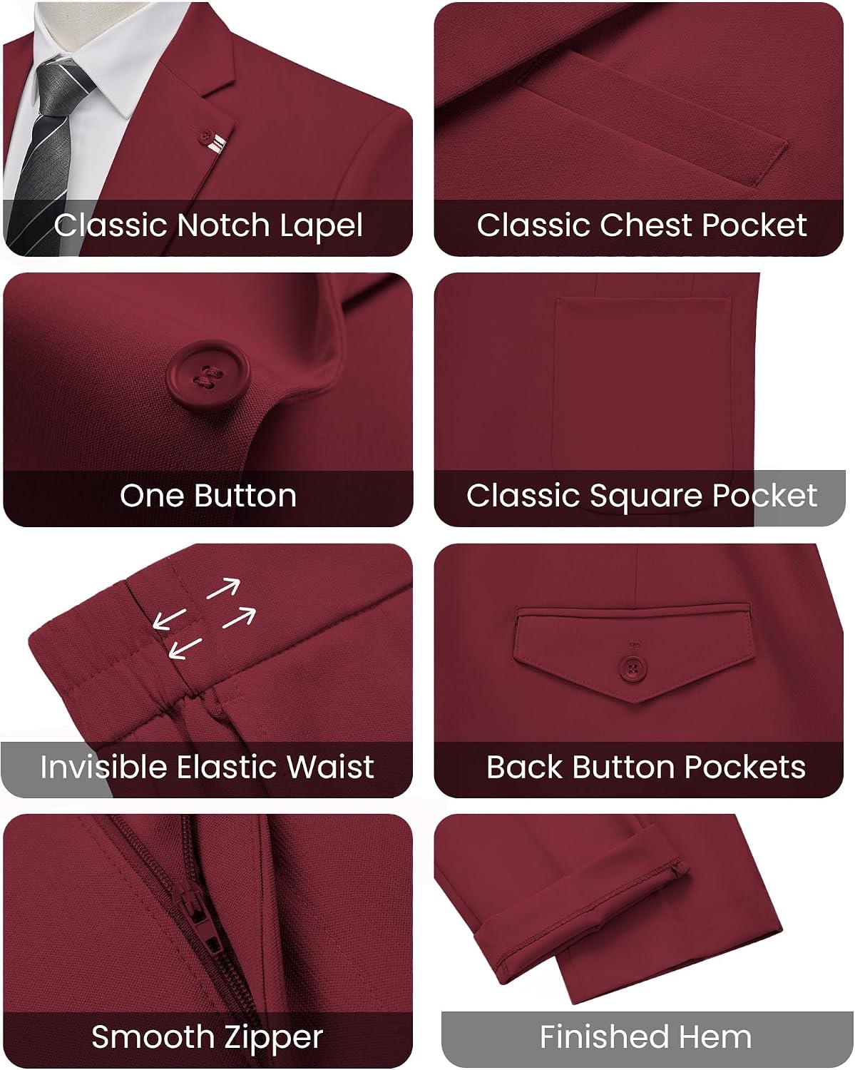 image:imageWULFUL Mens Slim Fit Suit 3 Piece Double Breasted Suit Set Formal Party WeddingRed