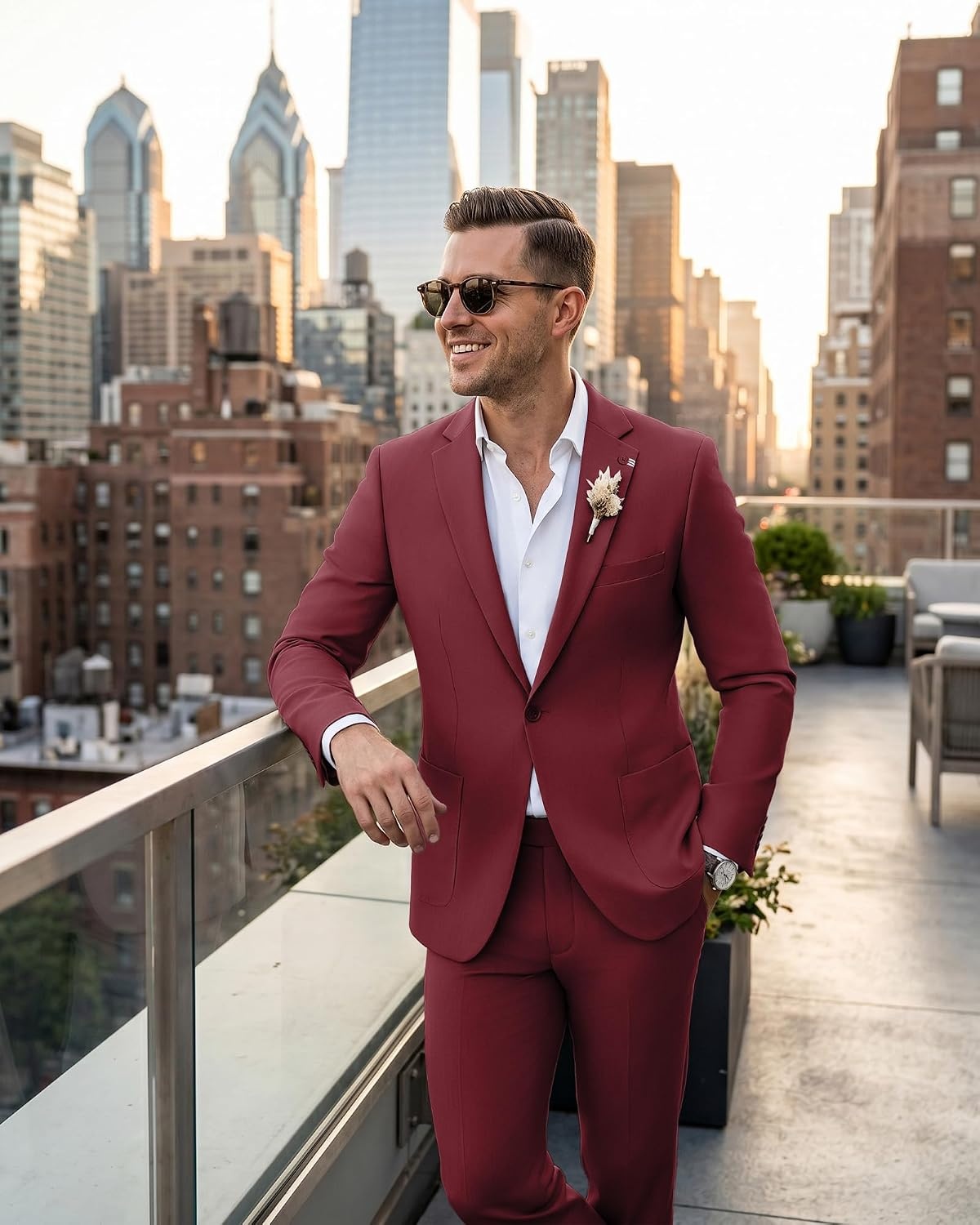 image:imageWULFUL Mens Slim Fit Suit 3 Piece Double Breasted Suit Set Formal Party WeddingRed