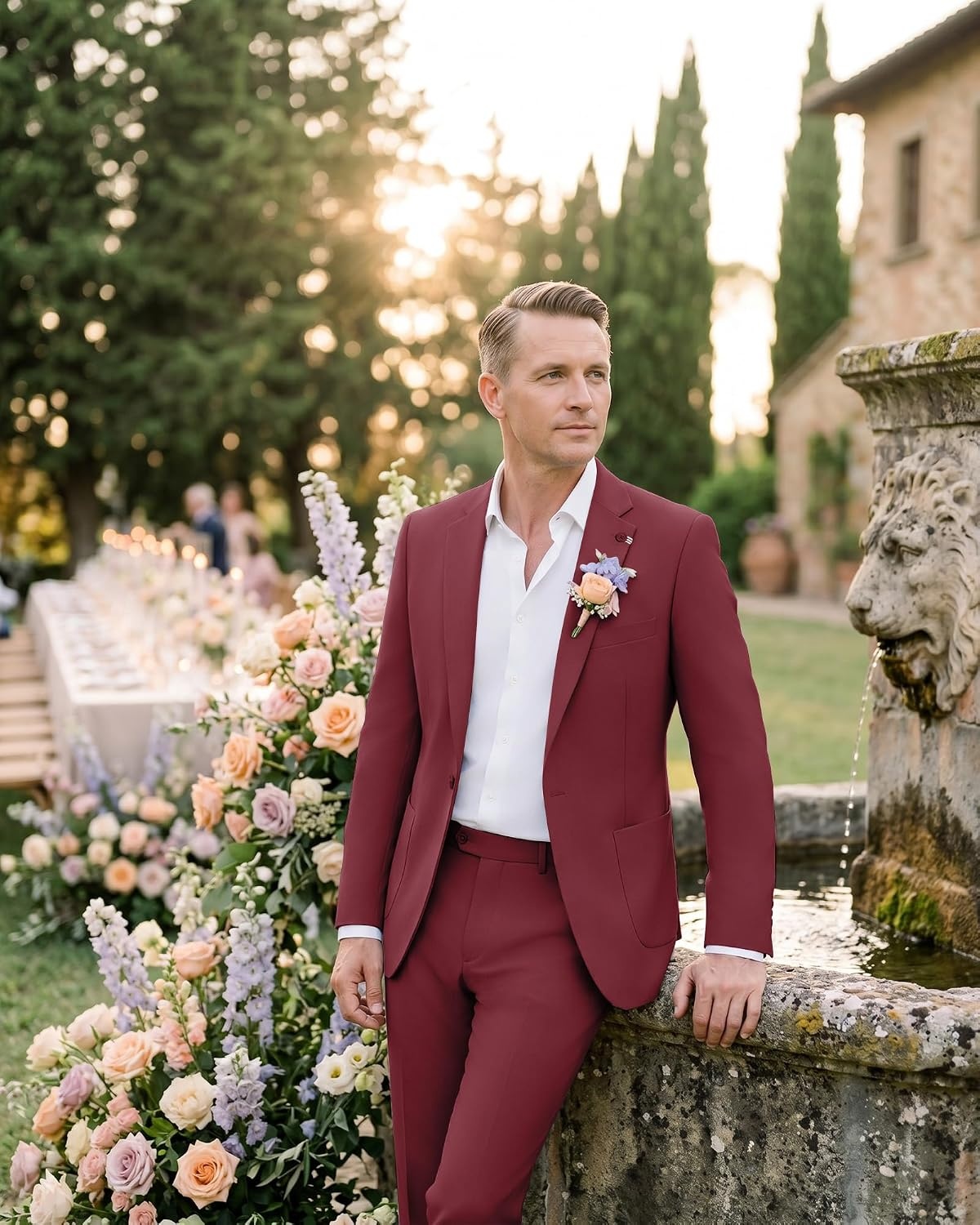 image:imageWULFUL Mens Slim Fit Suit 3 Piece Double Breasted Suit Set Formal Party WeddingRed