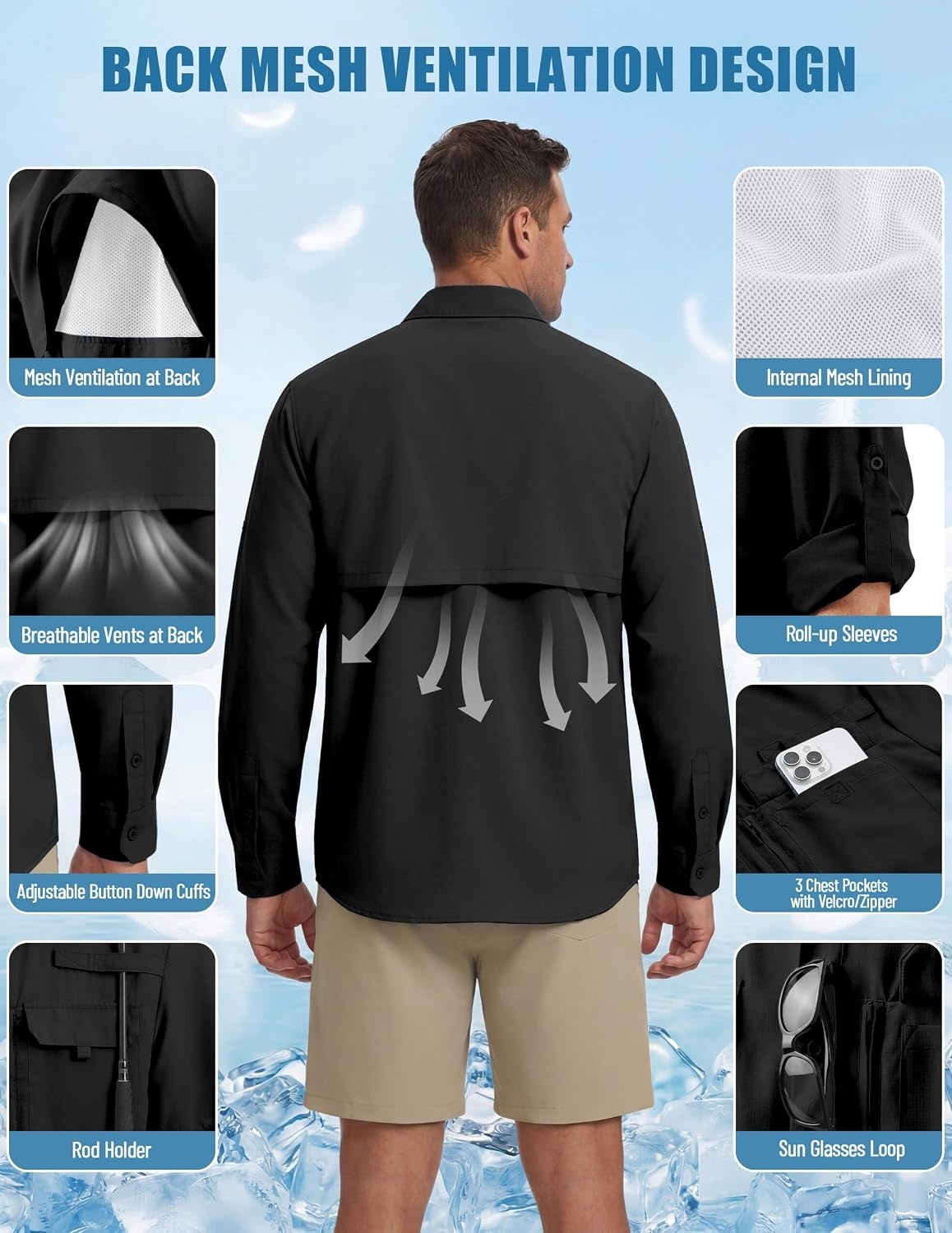 image:imageWULFUL Mens Sun Protection Fishing Shirts UPF 50 Lightweight Quick DryBlack