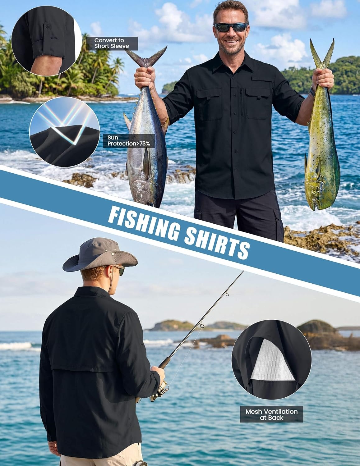 image:imageWULFUL Mens Sun Protection Fishing Shirts UPF 50 Lightweight Quick DryBlack