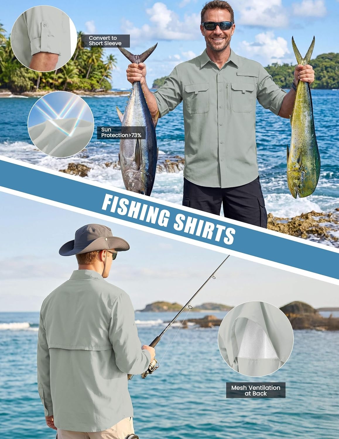 image:imageWULFUL Mens Sun Protection Fishing Shirts UPF 50 Lightweight Quick DryLight Green