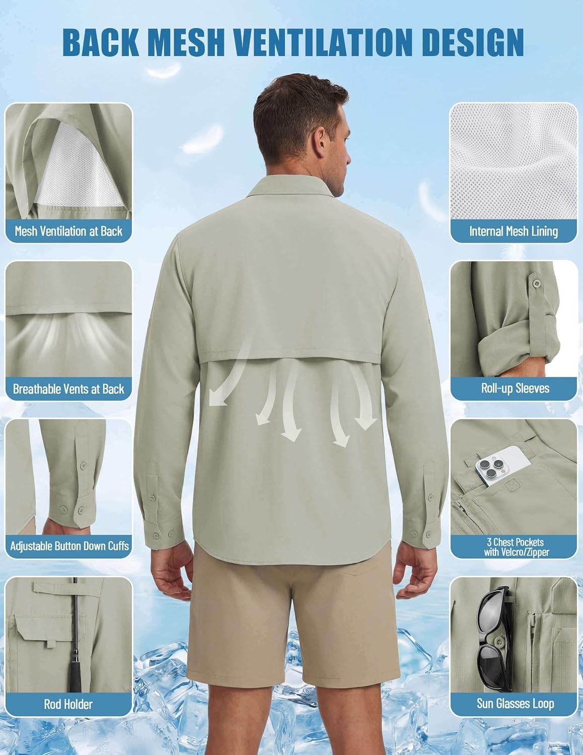 image:imageWULFUL Mens Sun Protection Fishing Shirts UPF 50 Lightweight Quick DryLight Green