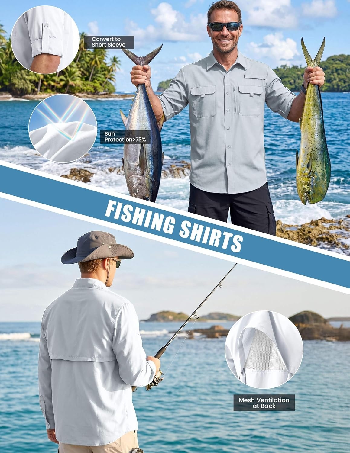 image:imageWULFUL Mens Sun Protection Fishing Shirts UPF 50 Lightweight Quick DrySilver Gray