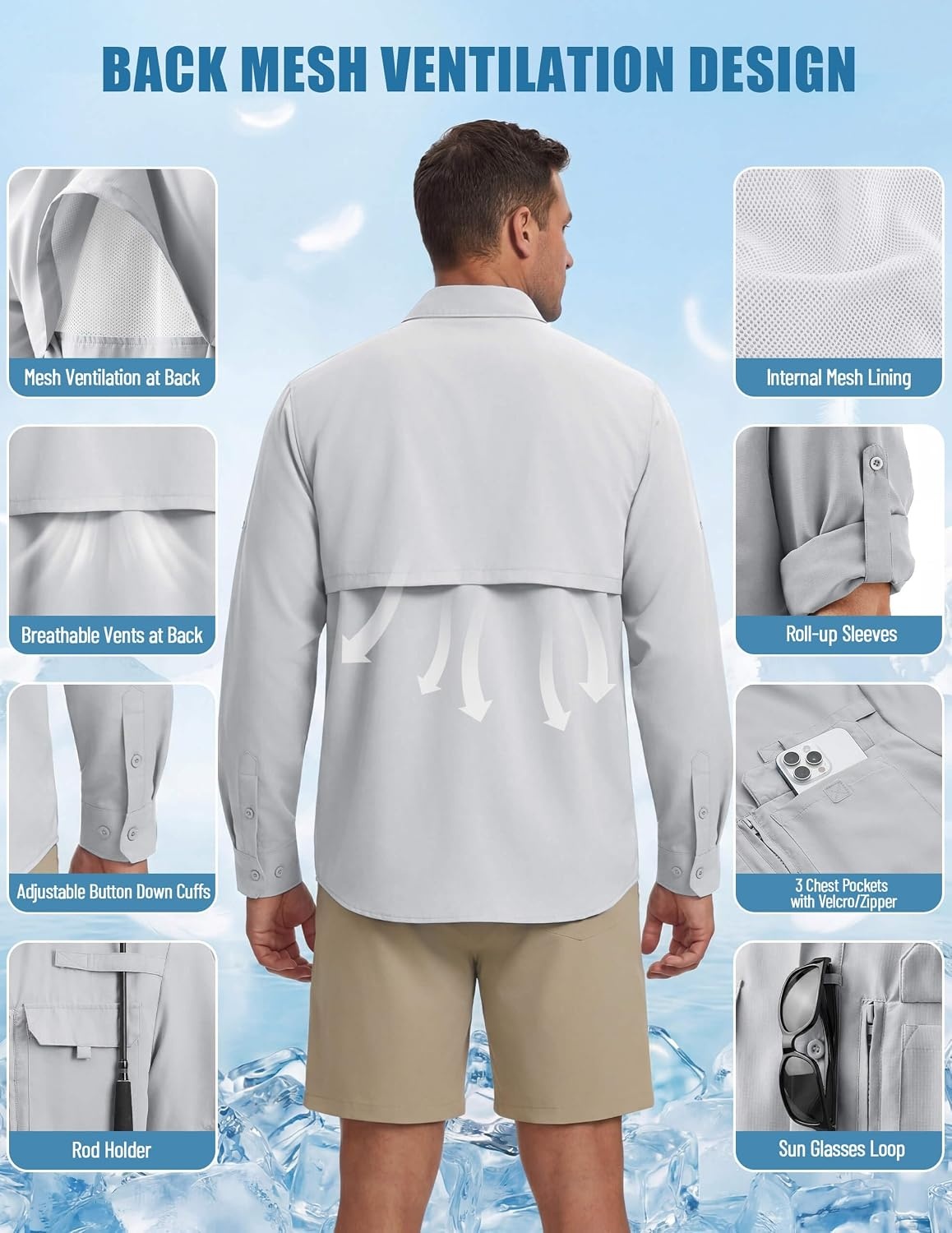 image:imageWULFUL Mens Sun Protection Fishing Shirts UPF 50 Lightweight Quick DrySilver Gray