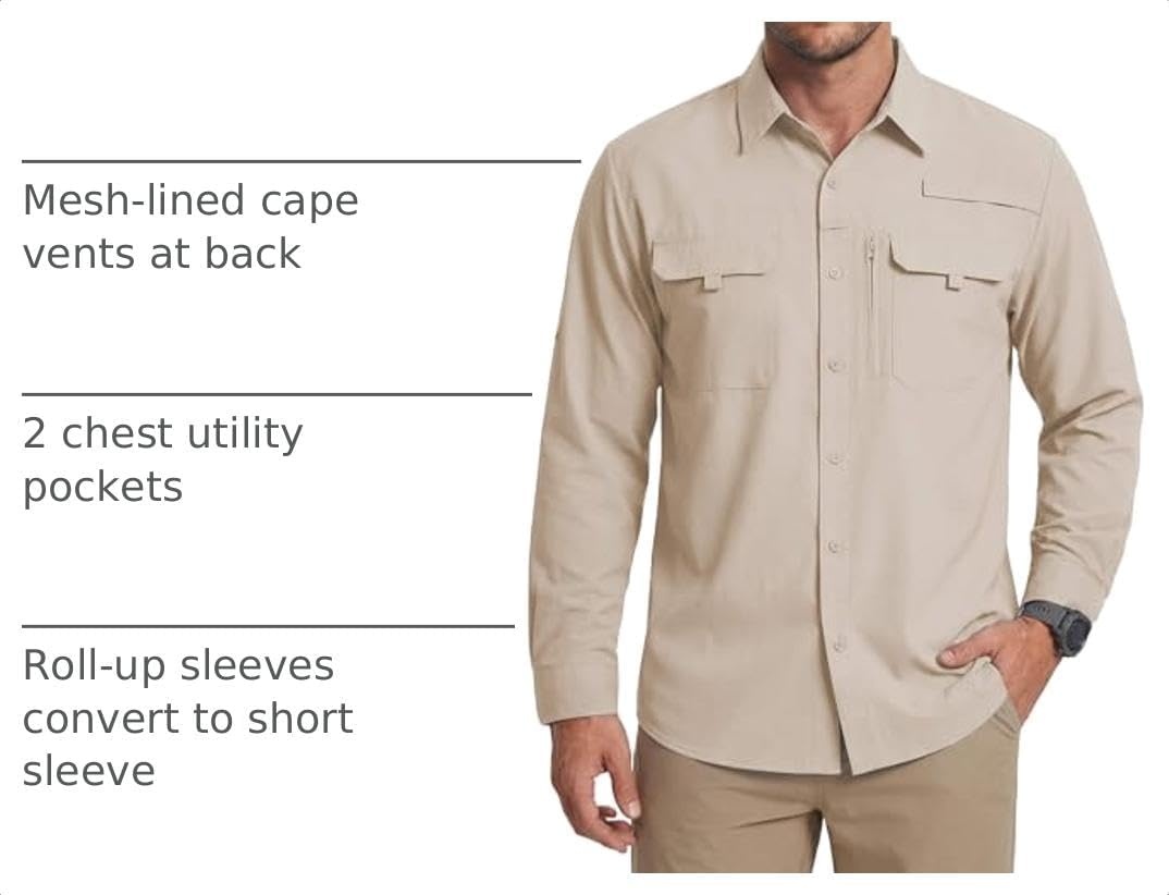 image:imageWULFUL Mens Sun Protection Fishing Shirts UPF 50 Lightweight Quick DrySolid Khahi