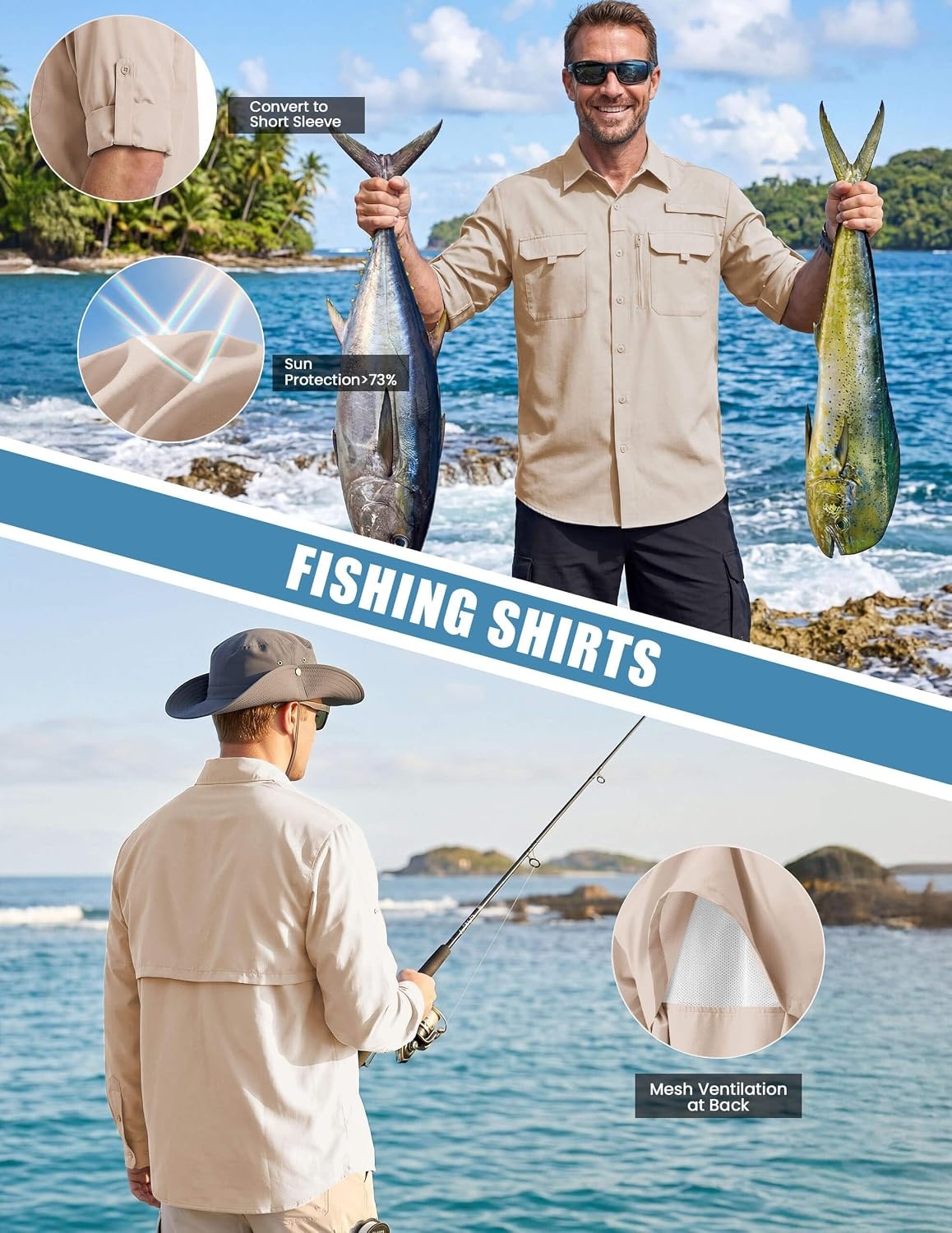 image:imageWULFUL Mens Sun Protection Fishing Shirts UPF 50 Lightweight Quick DrySolid Khahi