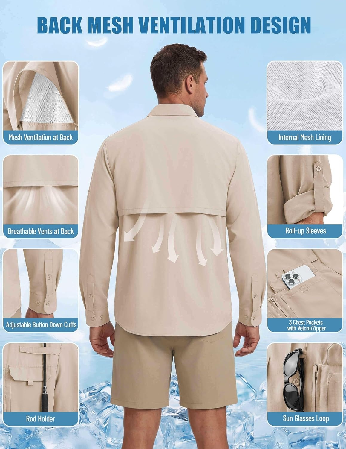 image:imageWULFUL Mens Sun Protection Fishing Shirts UPF 50 Lightweight Quick DrySolid Khahi