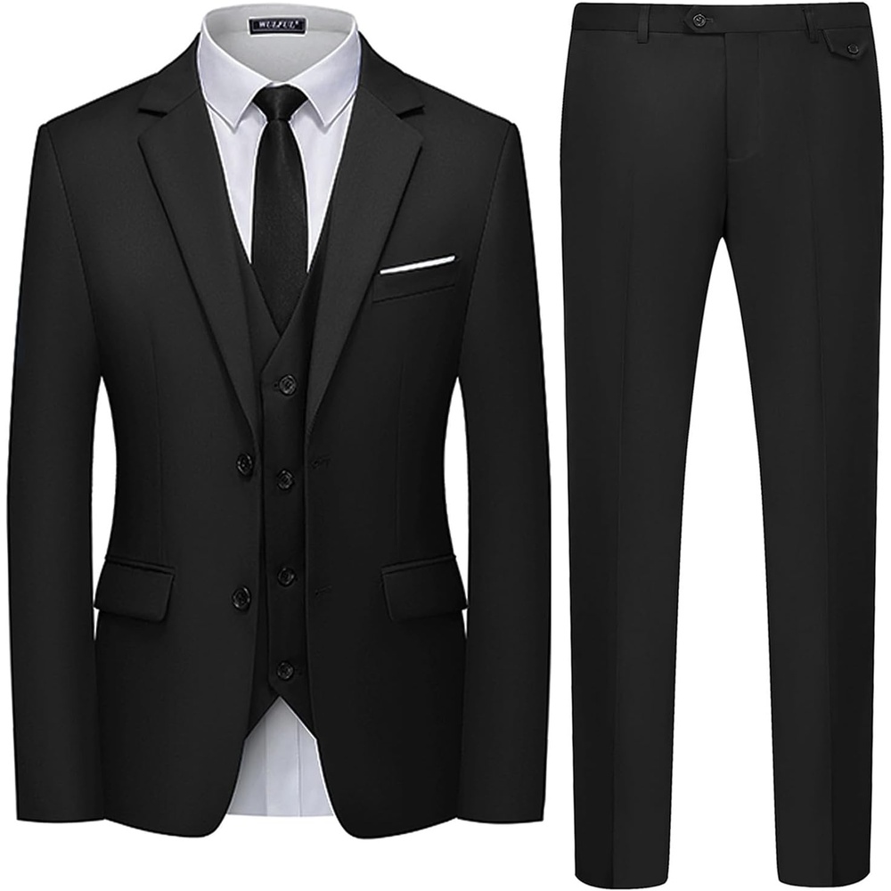 image:imageWULFUL Mens 3 Piece Slim Fit Suit Set Two Button Blazer Jacket Vest Pants Tuxedo Set for Party Wedding and BusinessGlossy Black
