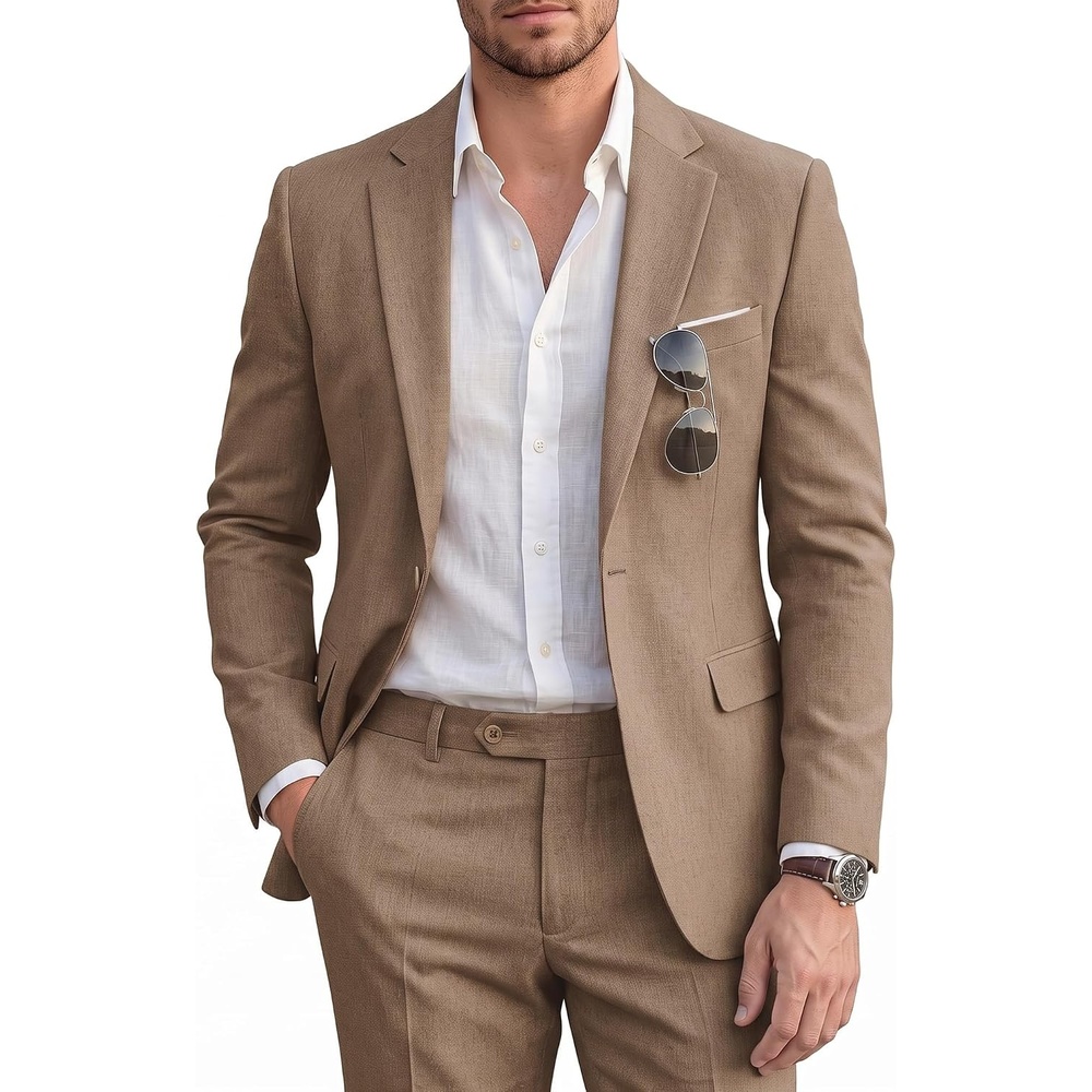 image:imageWULFUL Mens Slim Fit 2 Piece Suit One Button Solid Blazer Business Party Jacket Pants SetBrown