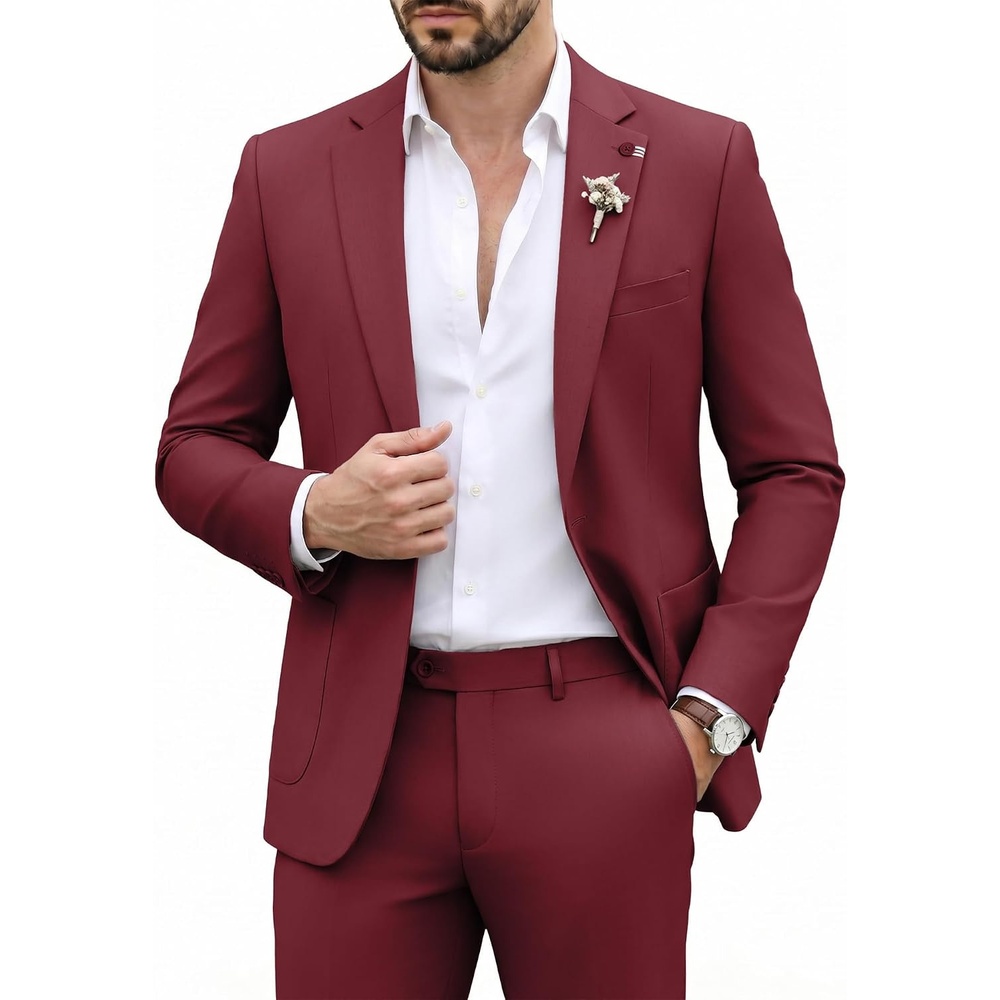 image:imageWULFUL Mens Slim Fit Suit 3 Piece Double Breasted Suit Set Formal Party WeddingRed