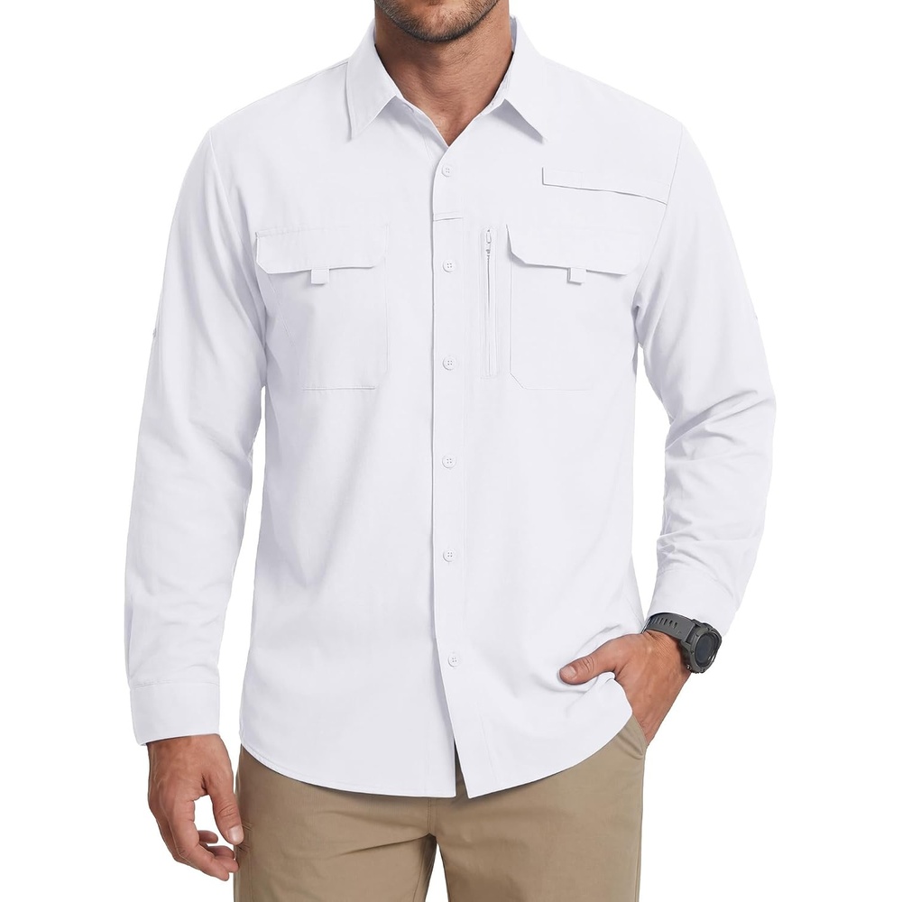 image:imageWULFUL Mens Sun Protection Fishing Shirts UPF 50 Lightweight Quick DrySolid White