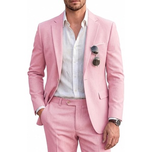 WULFUL Men’s Slim Fit 2 Piece Suit, One Button Solid Blazer Business Party Jacket Pants Set(Pink)