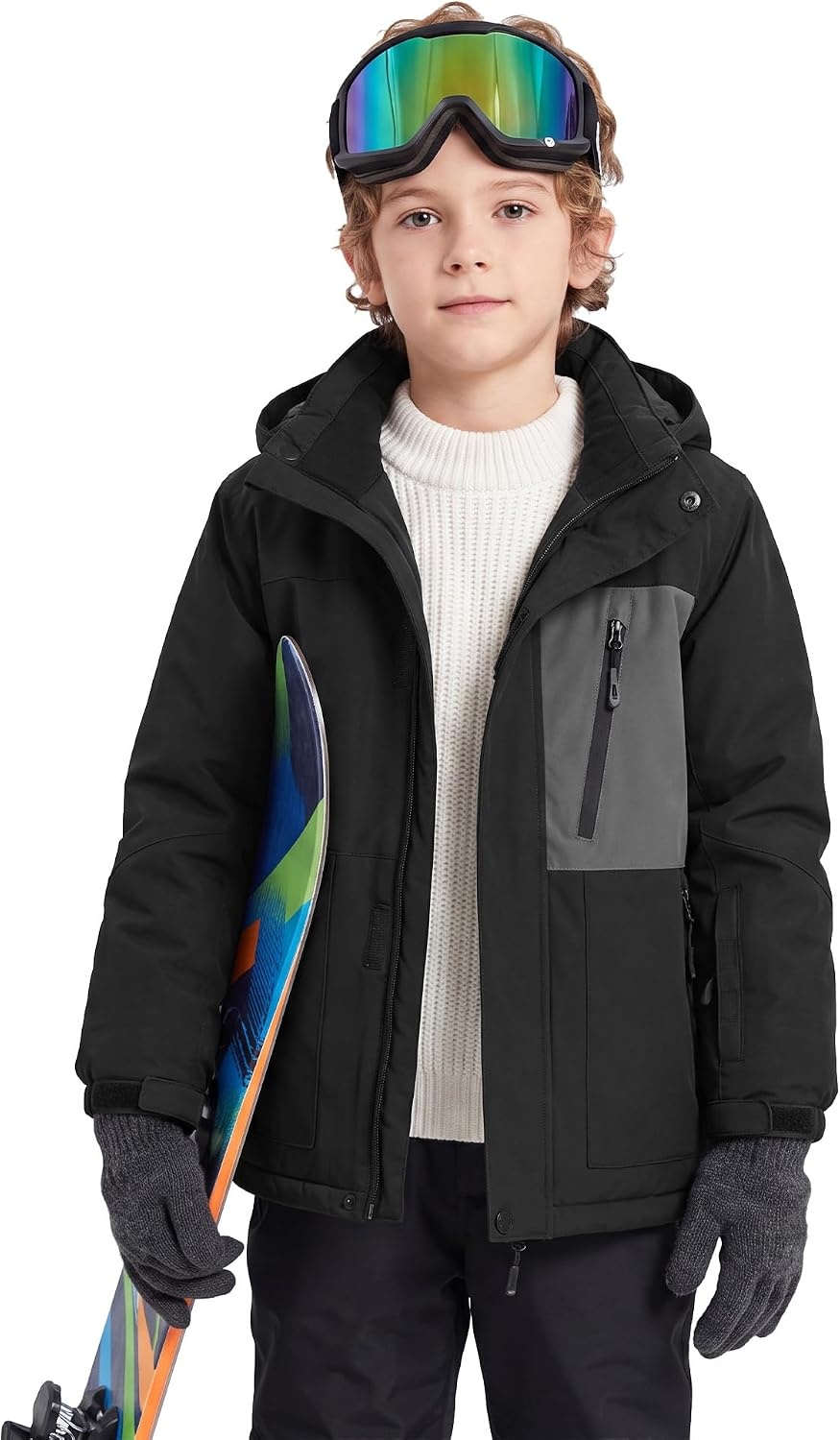 image:imageWULFUL Boys Waterproof Ski Jacket Kids Winter Snow Coat OutdoorBlack Grey