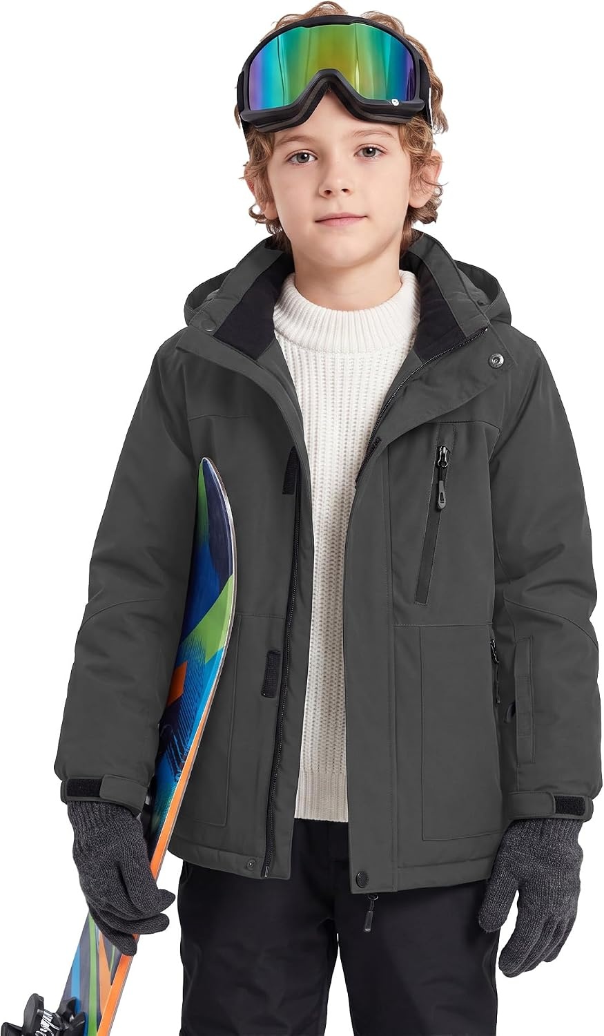 image:imageWULFUL Boys Waterproof Ski Jacket Kids Winter Snow Coat OutdoorDeep Grey