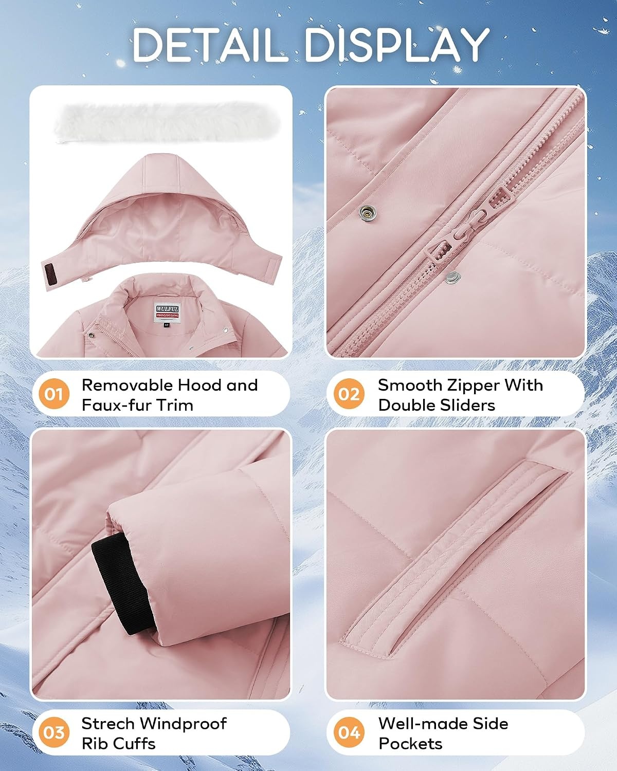 image:imageWULFUL Girls Winter Long Coats Hooded Parka Kids Warm Puffer JacketLight Pink