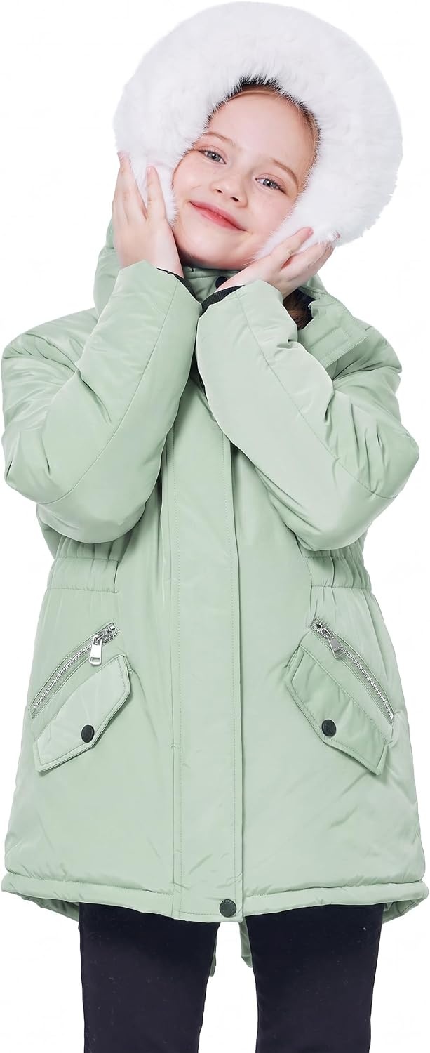 image:imageWULFUL Girls Winter Parka Coat Long Waterproof Warm Fleece Puffer JacketLight Green