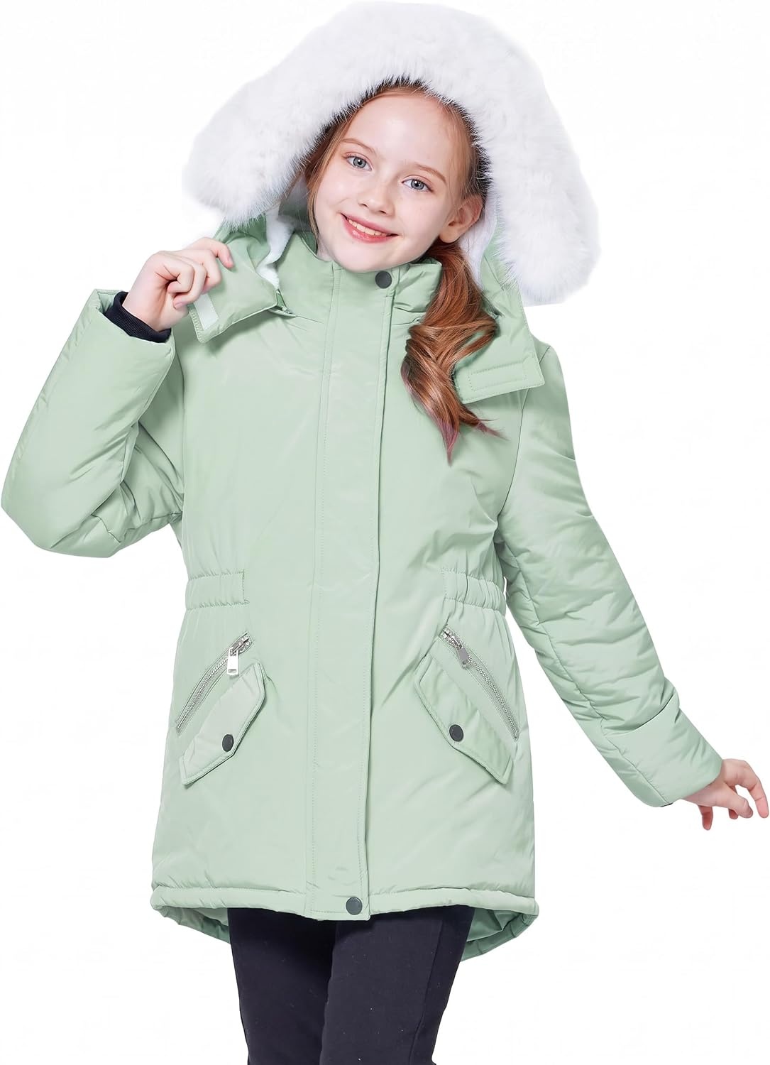 image:imageWULFUL Girls Winter Parka Coat Long Waterproof Warm Fleece Puffer JacketLight Green