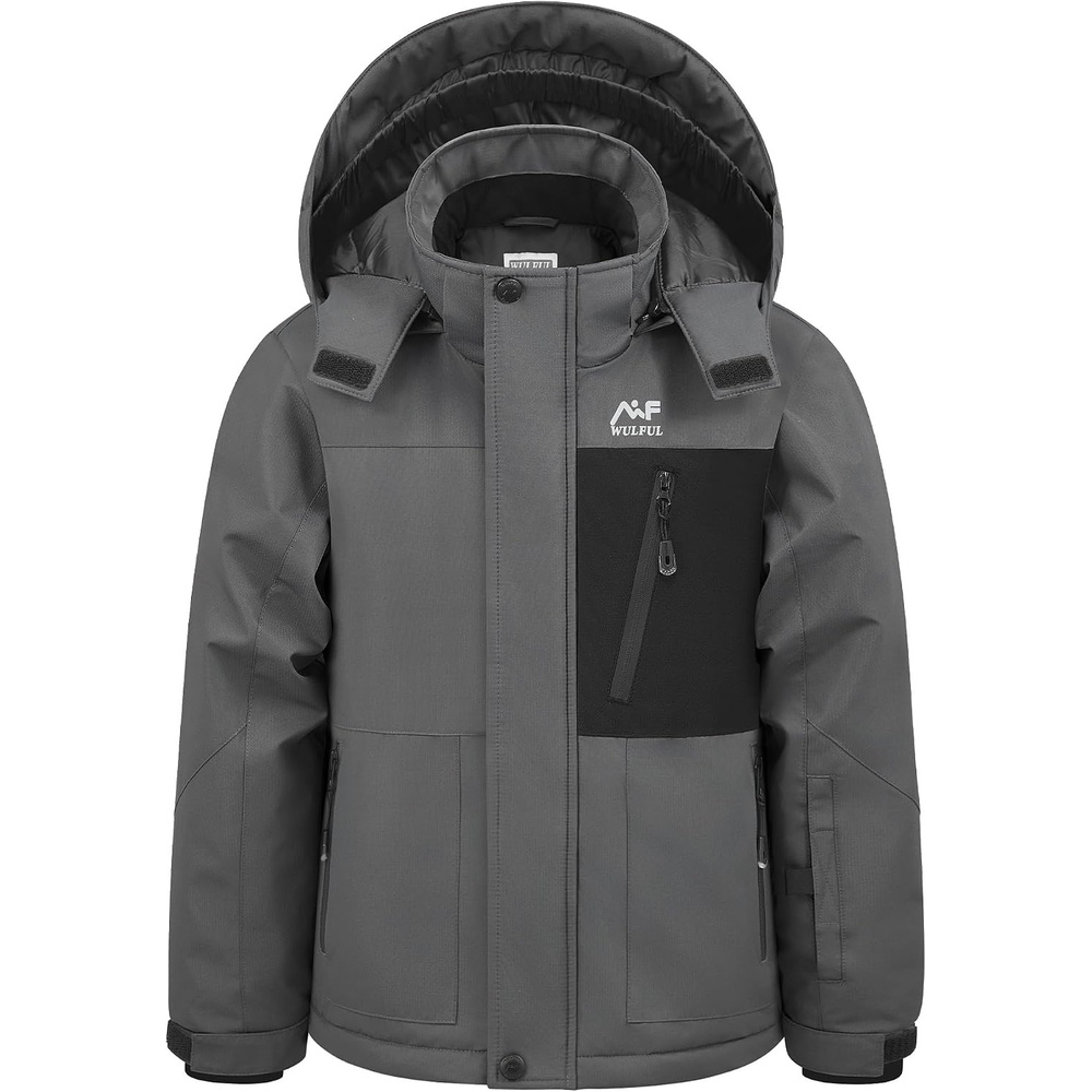 image:imageWULFUL Boys Waterproof Ski Jacket Kids Winter Snow Coat OutdoorDark Grey
