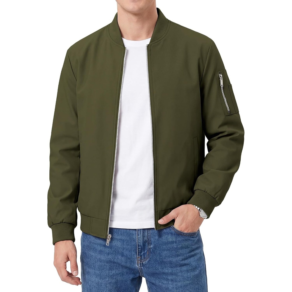 image:imageWULFUL Mens Bomber Jacket Lightweight Casual Windbreaker Zip Up CoatArmy Green