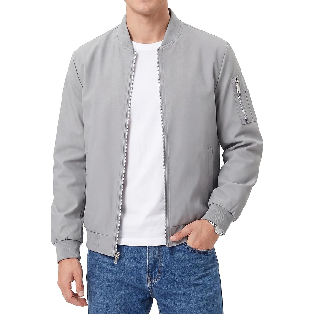 image:imageWULFUL Mens Bomber Jacket Lightweight Casual Windbreaker Zip Up CoatLight Grey