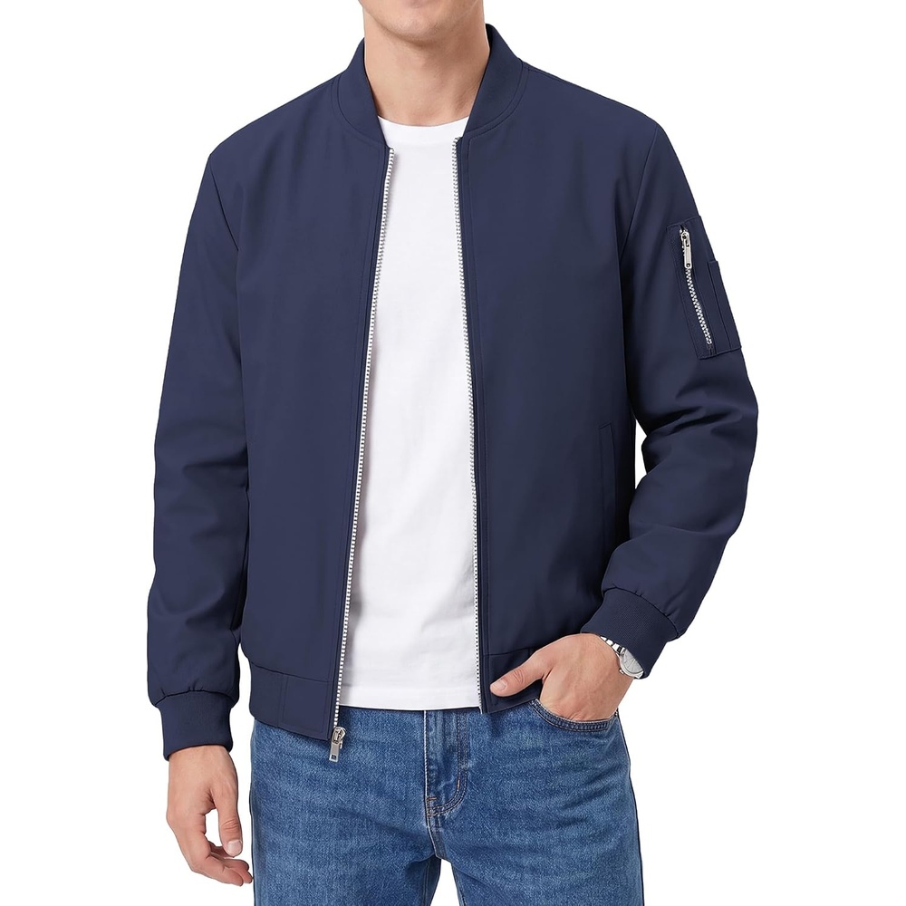 image:imageWULFUL Mens Bomber Jacket Lightweight Casual Windbreaker Zip Up CoatNavy