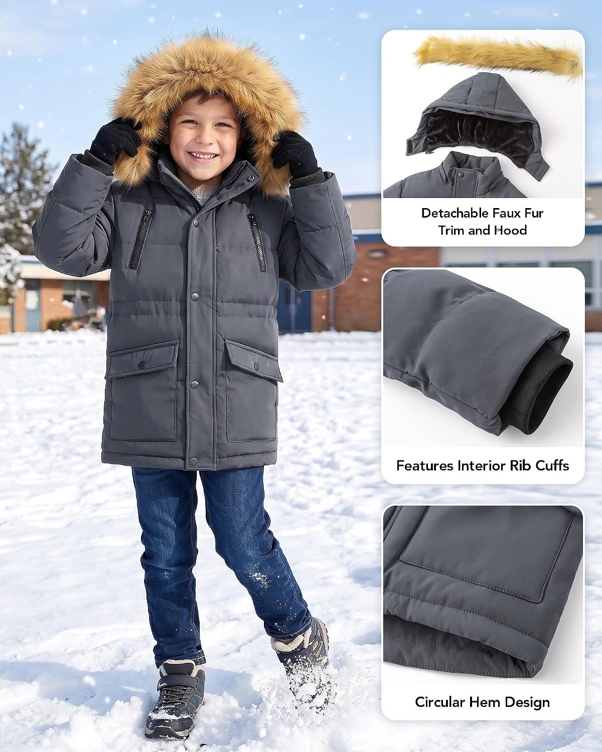 image:imageWULFUL Boys Winter Coat Waterproof Fleece Lined Parka Jackets Kids Hooded Puffer OuterwearGrey