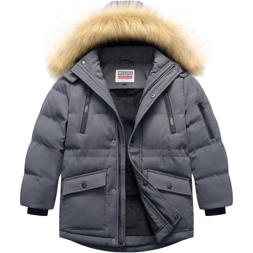 image:imageWULFUL Boys Winter Coat Waterproof Fleece Lined Parka Jackets Kids Hooded Puffer OuterwearGrey